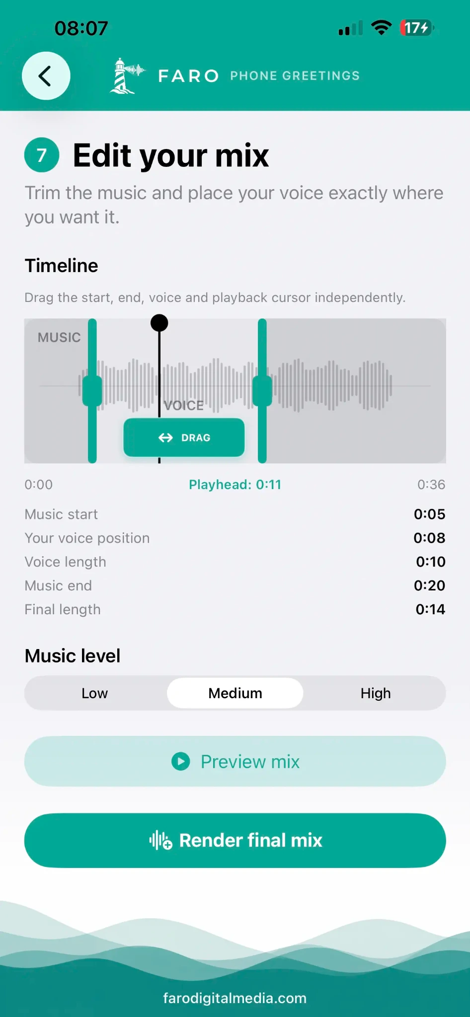 Editing music and voice position in FARO Phone Greetings