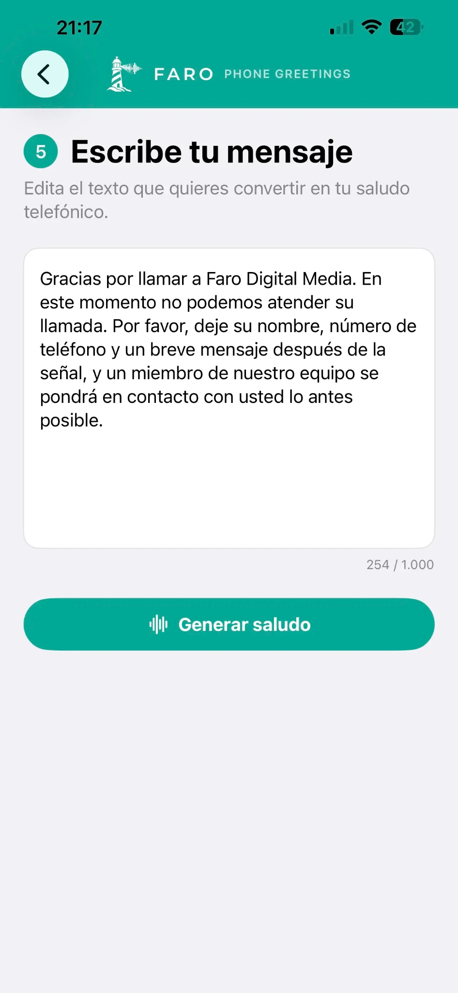 Editor de mensajes de FARO Phone Greetings