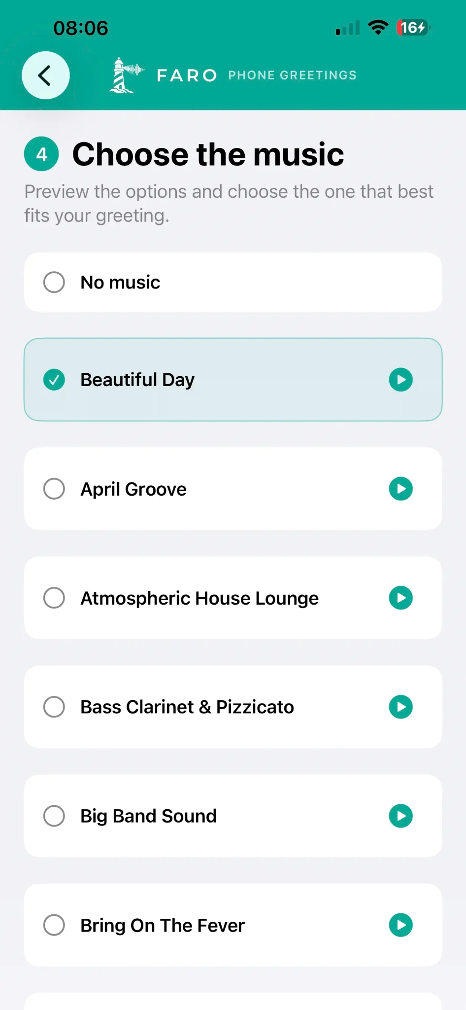 Choose and preview background music in FARO Phone Greetings
