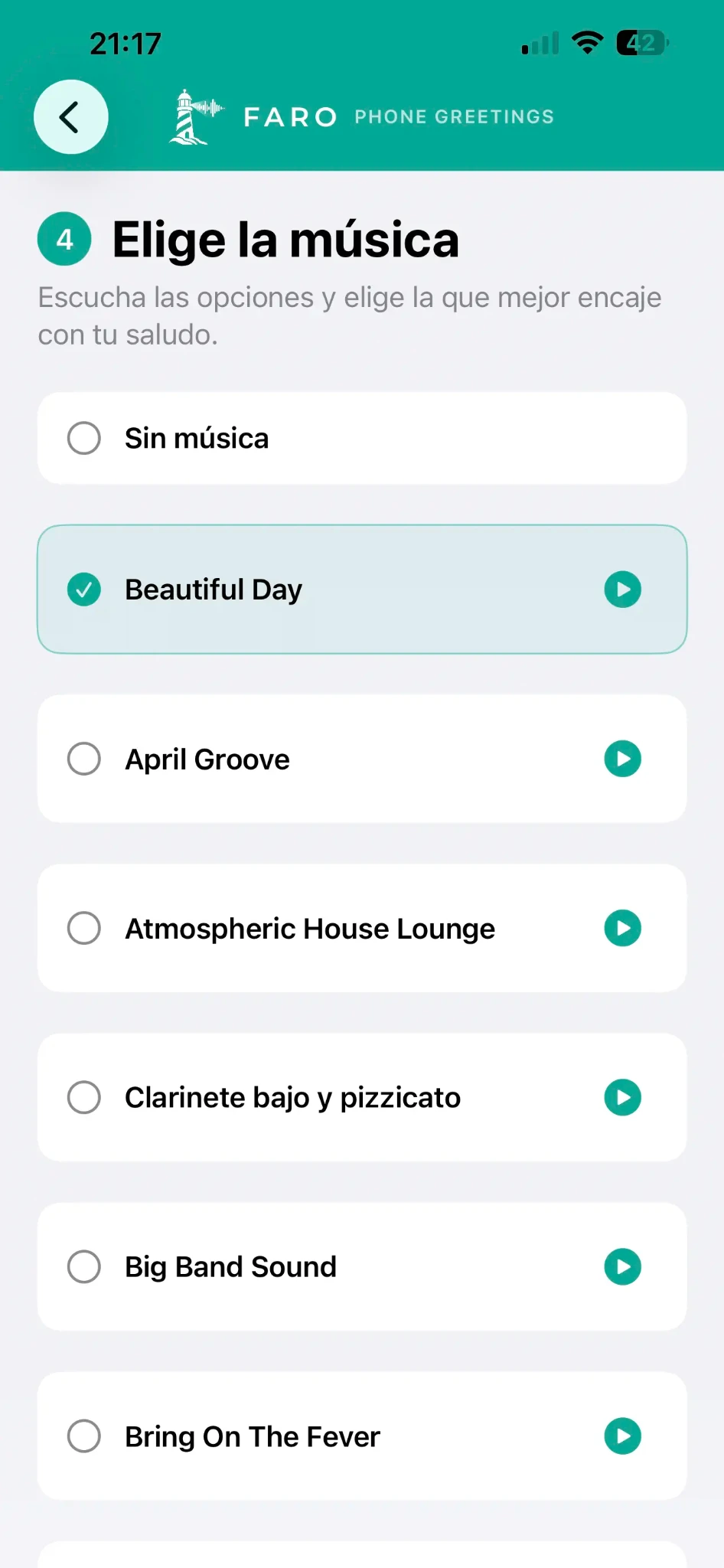 Elige y previsualiza música de fondo para el saludo