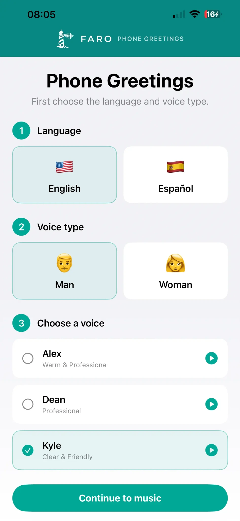Choosing a language and voice in FARO Phone Greetings