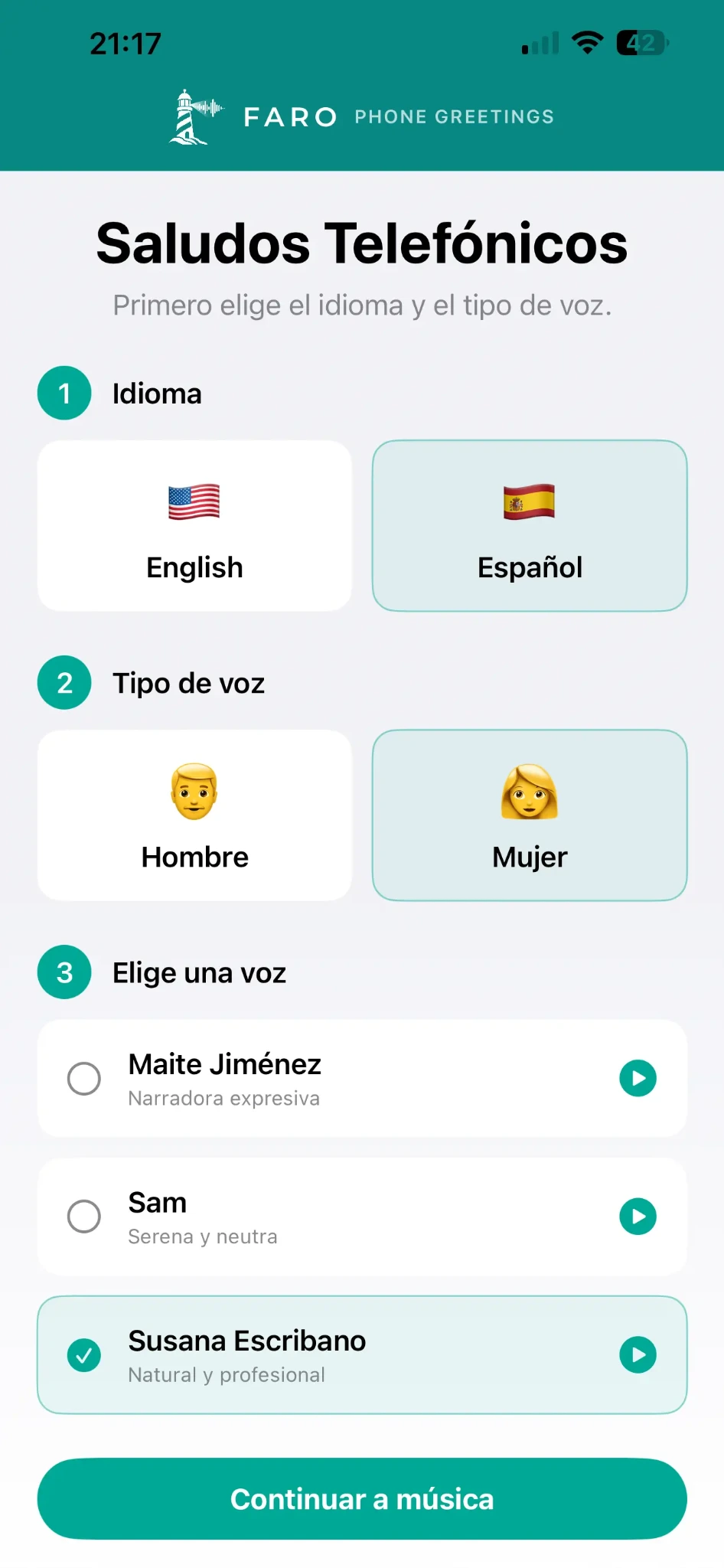 Selección de idioma y voz en FARO Phone Greetings