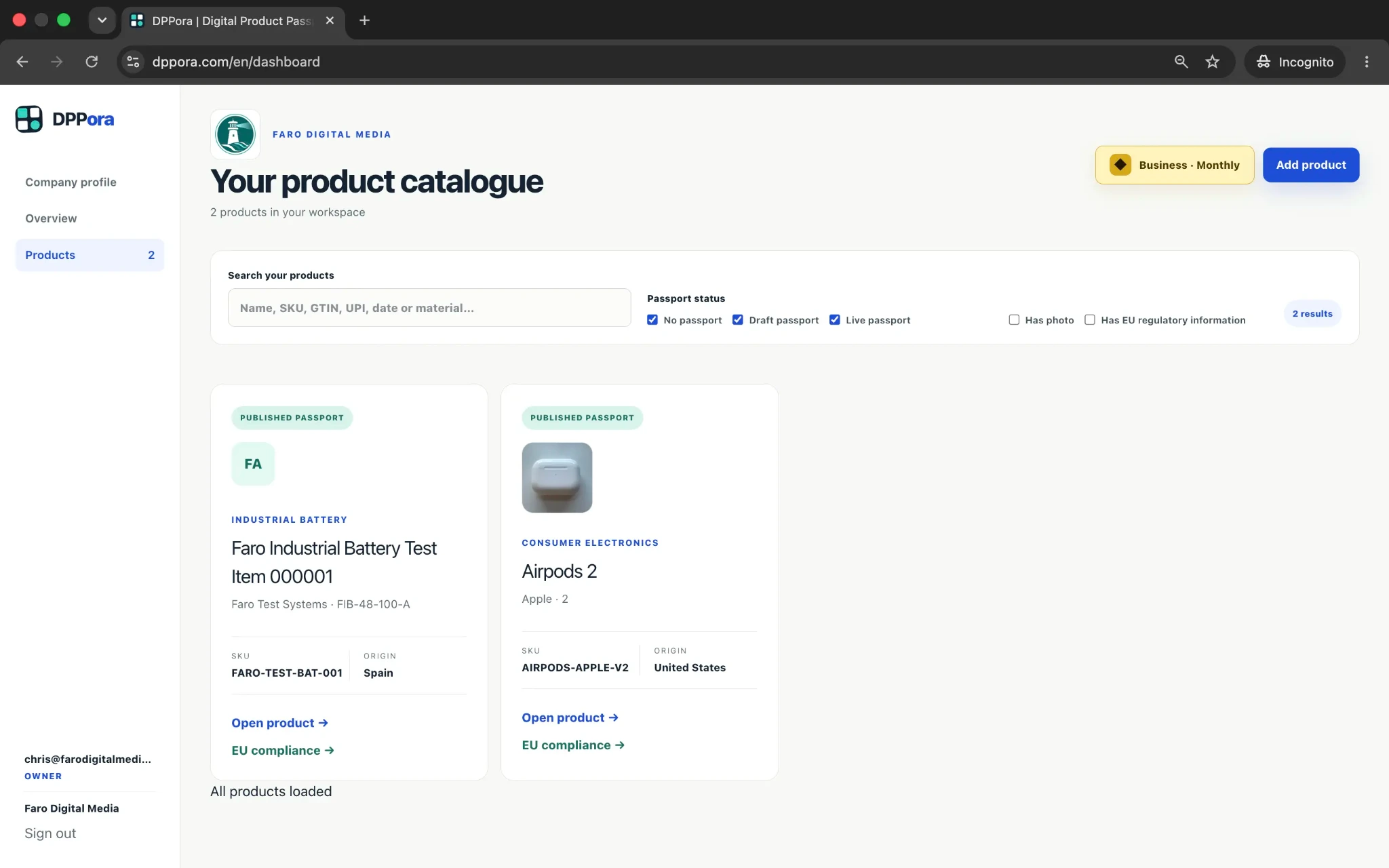 Catálogo de productos del espacio de trabajo DPPora
