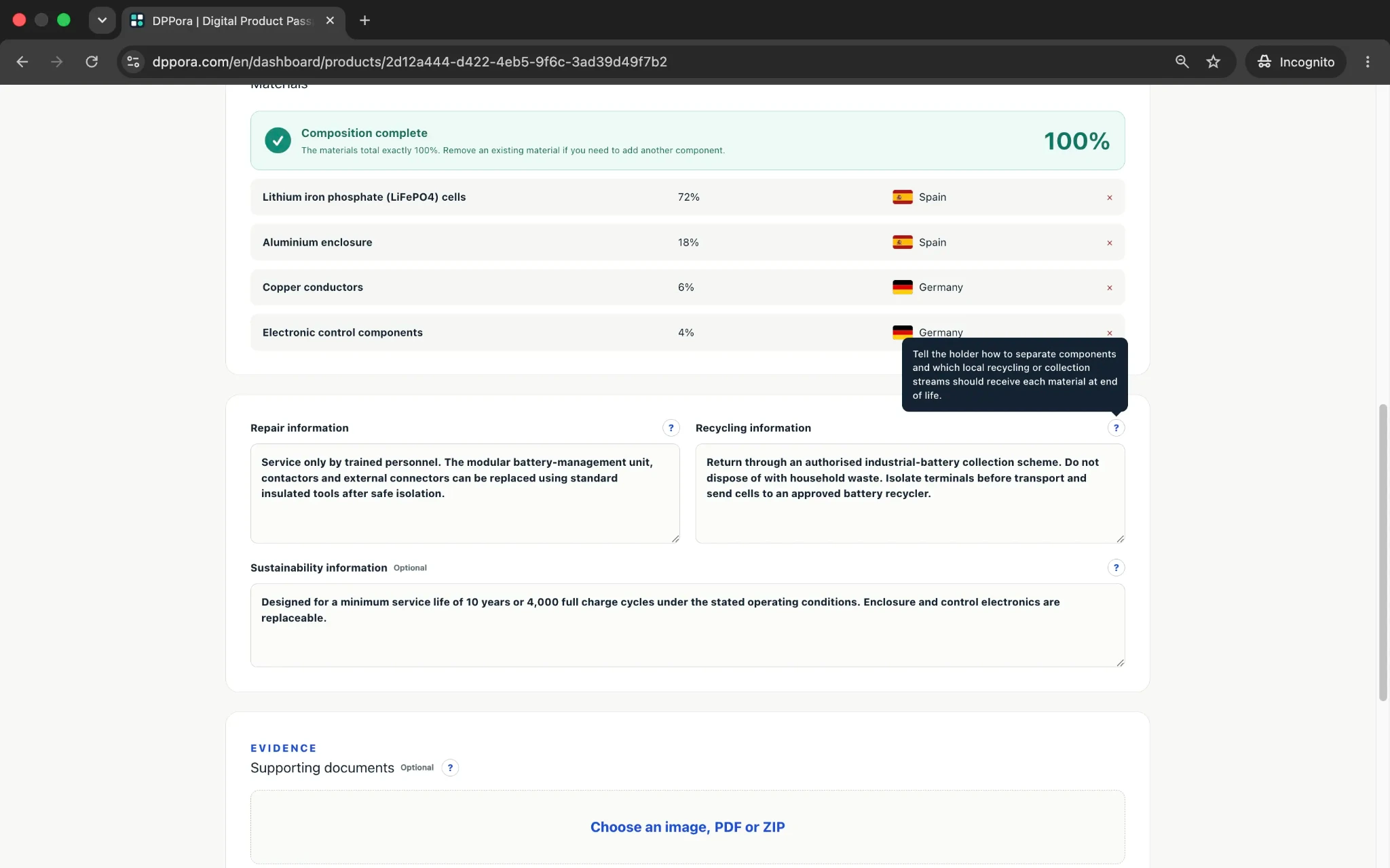Traducciones y evidencias en el editor de pasaportes
